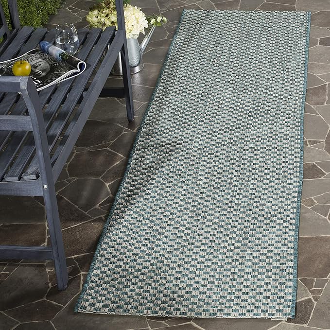 SAFAVIEH Courtyard Collection 2'3' x 14' Turquoise / Light Grey CY8653 Indoor/ Outdoor Patio Backyard Mudroom Runner Rug