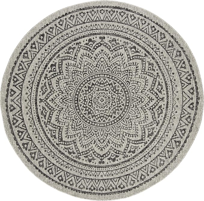 SAFAVIEH Courtyard Collection 4' Round Light Grey/Black CY8734 Indoor/ Outdoor Waterproof Easy Cleaning Patio Backyard Mudroom Area Rug