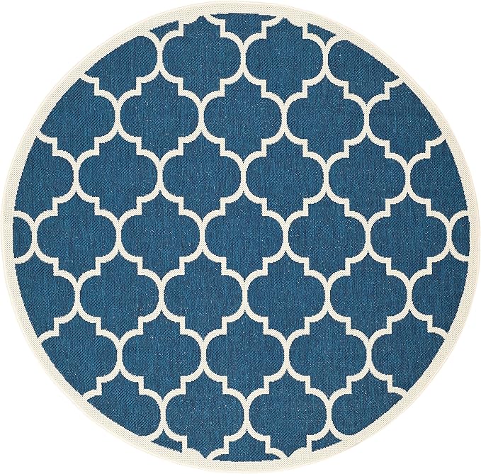 SAFAVIEH Washable Rug Outdoor Courtyard Collection - 7'10" Round, Navy & Beige, Non-Shedding & Easy Cleaning, Ideal for Patio, Backyard, Mudroom (CY6914-268)