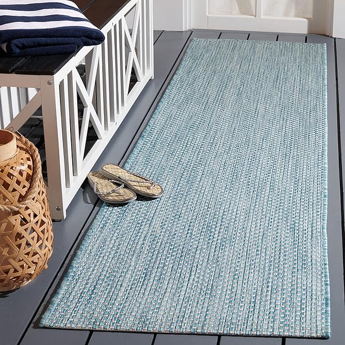 SAFAVIEH Washable Rug Outdoor Courtyard Collection - 2'3" x 6'7" Runner, Aqua Blue & Grey, Non-Shedding & Easy Cleaning, Ideal for Patio, Entryway, Mudroom, Hallway, Kitchen (CY8521-37121)