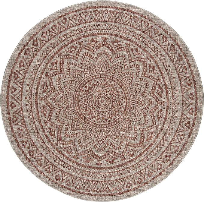 SAFAVIEH Washable Rug Outdoor Courtyard Collection - 6'7" Round, Light Beige & Terracotta, Non-Shedding & Easy Cleaning, Ideal for Patio, Backyard, Mudroom (CY8734-36512)