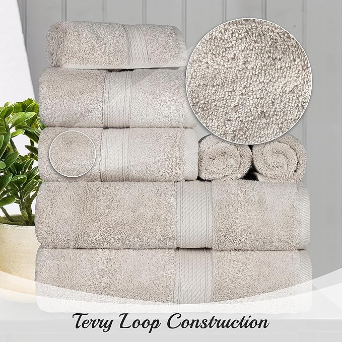 BNM Egyptian Cotton Heavyweight Towels, Ideal For Bathroom, Shower, Spa, Hotel, 800 GSM, Face/ Washcloths, Hand Towels, Bath Towels, Highly-Absorbent, Luxury Home Basics, 9 Piece Towel Set, Stone Grey