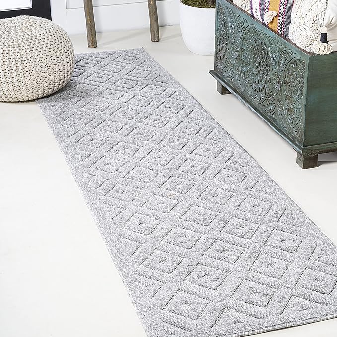 JONATHAN Y Diamond Trellis Indoor Outdoor Runner Rug 2X8 Light Gray, Portmany Neutral for Backyard, Patio, Porch, Easy-Cleaning, High Traffic, Pet-Friendly, Non-Shedding (IBZ104C-28)