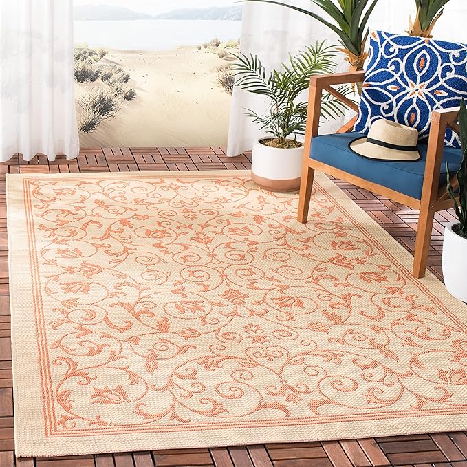 SAFAVIEH Washable Rug Outdoor Courtyard Collection - 5'3" x 7'7", Natural & Terracotta, Non-Shedding & Easy Cleaning, Ideal for Patio, Backyard, Mudroom (CY2098-3201)