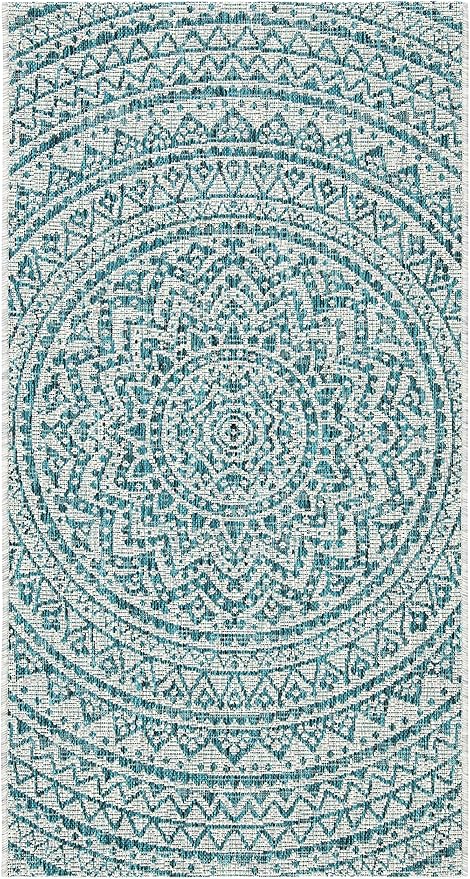 SAFAVIEH Washable Rug Outdoor Courtyard Collection - 2'7" x 5', Light Grey & Teal, Non-Shedding & Easy Cleaning, Ideal for Patio, Backyard, Mudroom (CY8734-37212)
