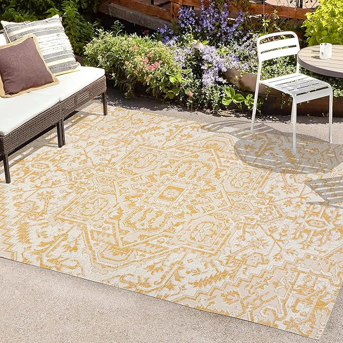 JONATHAN Y Boho Medallion Indoor Outdoor Area Rug 4X6 Cream/Yellow, Estrella Textured Weave for Backyard, Patio, Porch, Easy-Cleaning, High Traffic, Pet-Friendly, Non-Shedding (SMB105H-4)