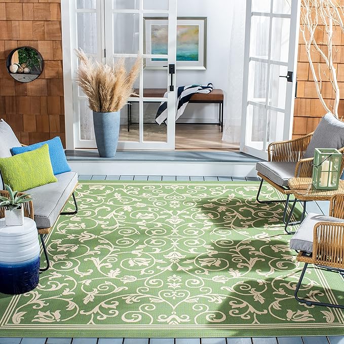 SAFAVIEH Washable Rug Outdoor Courtyard Collection - 7'10" Square, Olive & Natural, Non-Shedding & Easy Cleaning, Ideal for Patio, Backyard, Mudroom (CY2098-1E06)