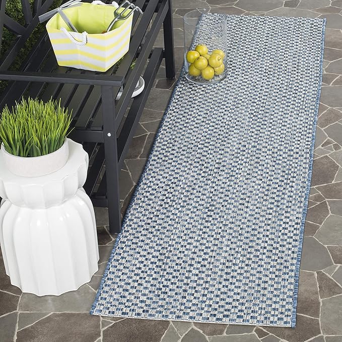 SAFAVIEH Washable Rug Outdoor Courtyard Collection - 2'3" x 16' Runner, Blue & Light Grey, Non-Shedding & Easy Cleaning, Ideal for Patio, Entryway, Mudroom, Hallway, Kitchen (CY8653-36821)