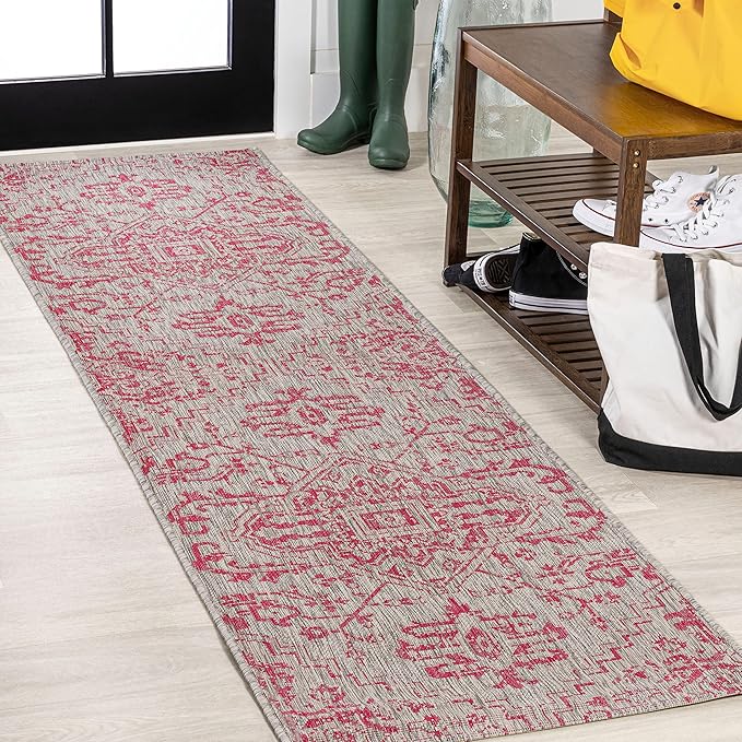 JONATHAN Y Boho Medallion Indoor Outdoor Runner Rug 2X10 Light Gray/Fuchsia, Estrella Textured Weave for Backyard, Patio, Porch, Easy-Cleaning, High Traffic, Pet-Friendly, Non-Shedding (SMB105F-210)