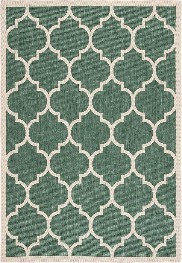 SAFAVIEH Washable Rug Outdoor Courtyard Collection - 4' x 5'7", Dark Green & Beige, Non-Shedding & Easy Cleaning, Ideal for Patio, Backyard, Mudroom (CY6914-322)