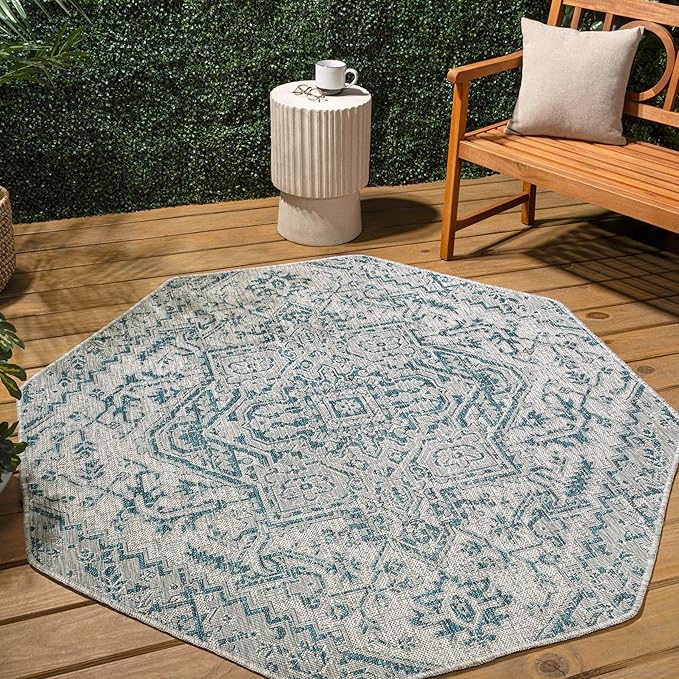 JONATHAN Y Boho Medallion Indoor Outdoor Octagon Area Rug 8 Ft Teal/Gray, Estrella Textured Weave for Backyard, Patio, Porch, Easy-Cleaning, High Traffic, Pet-Friendly, Non-Shedding (SMB105C-8TGN)