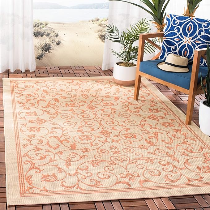 SAFAVIEH Washable Rug Outdoor Courtyard Collection - 2'7" x 5', Natural & Terracotta, Non-Shedding & Easy Cleaning, Ideal for Patio, Backyard, Mudroom (CY2098-3201)