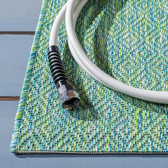 SAFAVIEH Washable Rug Outdoor Courtyard Collection - 4' Square, Green & Blue, Non-Shedding & Easy Cleaning, Ideal for Patio, Backyard, Mudroom (CY8521-55722)
