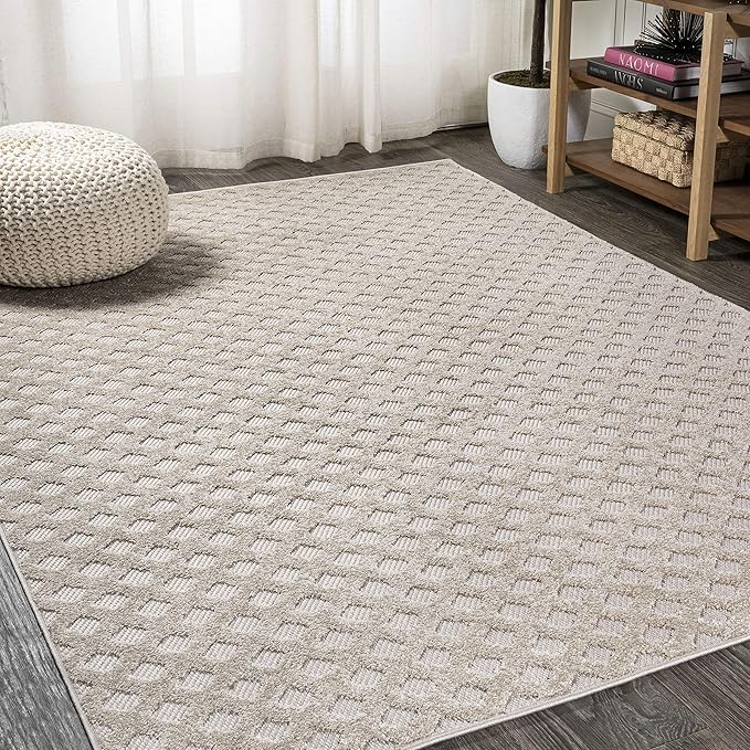 JONATHAN Y Mini-Diamond Trellis Indoor Outdoor Area Rug 4X6 Beige, Rabat High-Low Pile for Backyard, Patio, Porch, Easy-Cleaning, High Traffic, Pet-Friendly, Non-Shedding (SBH101A-4)