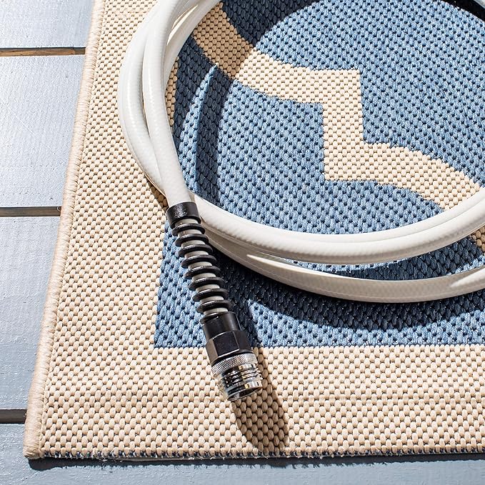 SAFAVIEH Washable Rug Outdoor Courtyard Collection - 7'10" Square, Blue & Beige, Non-Shedding & Easy Cleaning, Ideal for Patio, Backyard, Mudroom (CY6914-243)
