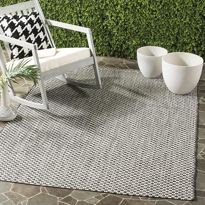 SAFAVIEH Washable Rug Outdoor Courtyard Collection - 6'7" Square, Black & Light Grey, Non-Shedding & Easy Cleaning, Ideal for Patio, Backyard, Mudroom (CY8653-37621)