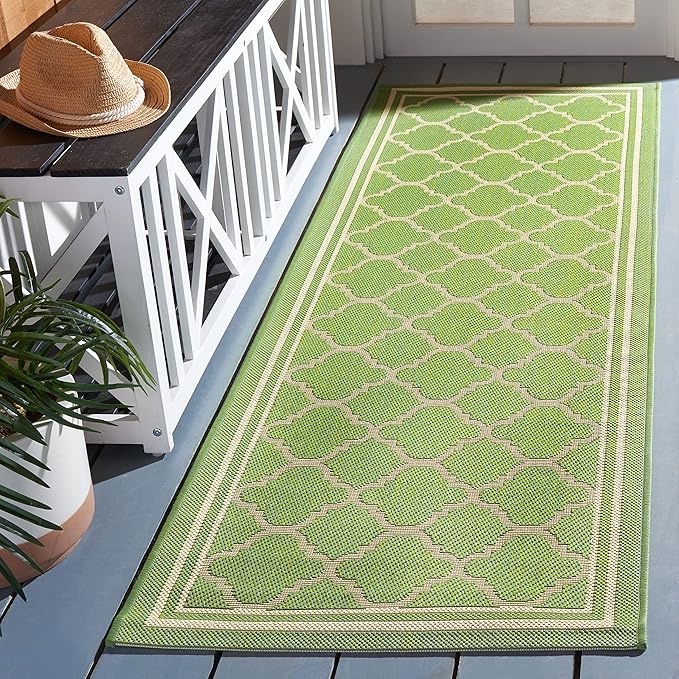 SAFAVIEH Washable Rug Outdoor Courtyard Collection - 2'3" x 14' Runner, Green & Beige, Non-Shedding & Easy Cleaning, Ideal for Patio, Entryway, Mudroom, Hallway, Kitchen (CY6918-244)