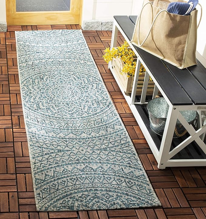 SAFAVIEH Washable Rug Outdoor Courtyard Collection - 2'3" x 14' Runner, Light Grey & Teal, Non-Shedding & Easy Cleaning, Ideal for Patio, Entryway, Mudroom, Hallway, Kitchen (CY8734-37212)