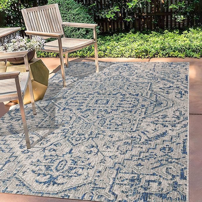 JONATHAN Y Boho Medallion Indoor Outdoor Area Rug 5X8 Navy/Gray, Estrella Textured Weave for Backyard, Patio, Porch, Easy-Cleaning, High Traffic, Pet-Friendly, Non-Shedding (SMB105B-5)