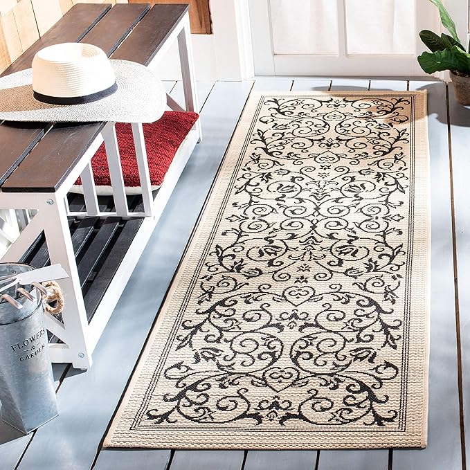 SAFAVIEH Washable Rug Outdoor Courtyard Collection - 2'3" x 10' Runner, Sand & Black, Non-Shedding & Easy Cleaning, Ideal for Patio, Entryway, Mudroom, Hallway, Kitchen (CY2098-3901)