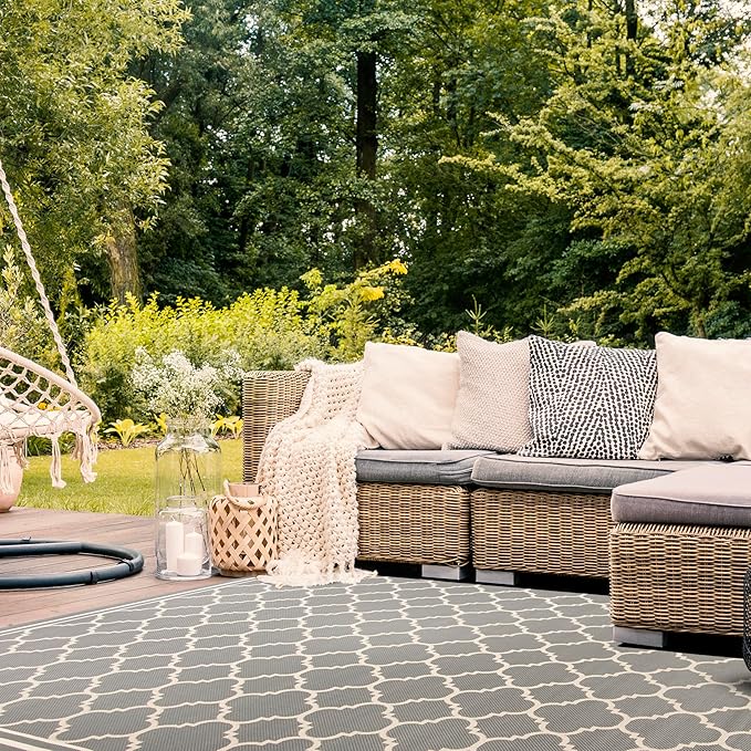 SAFAVIEH Washable Rug Outdoor Courtyard Collection - 9' x 12', Anthracite & Beige, Non-Shedding & Easy Cleaning, Ideal for Patio, Backyard, Mudroom (CY6918-246)