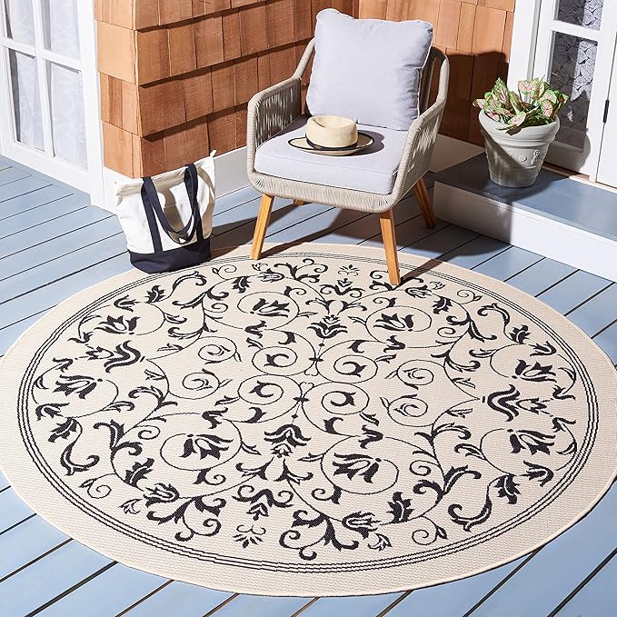 SAFAVIEH Washable Rug Outdoor Courtyard Collection - 5'3" Round, Sand & Black, Non-Shedding & Easy Cleaning, Ideal for Patio, Backyard, Mudroom (CY2098-3901)