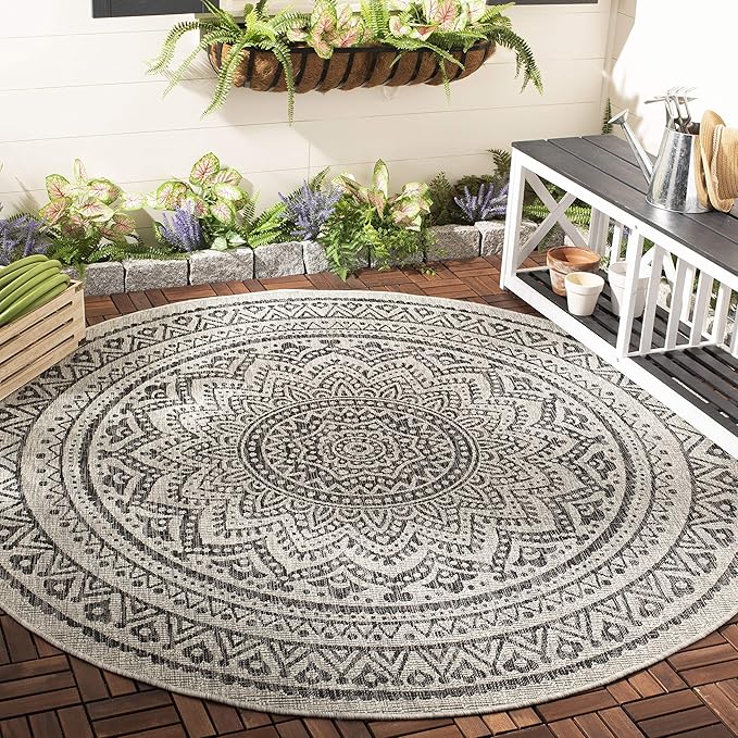 SAFAVIEH Courtyard Collection 4' Round Light Grey/Black CY8734 Indoor/ Outdoor Waterproof Easy Cleaning Patio Backyard Mudroom Area Rug