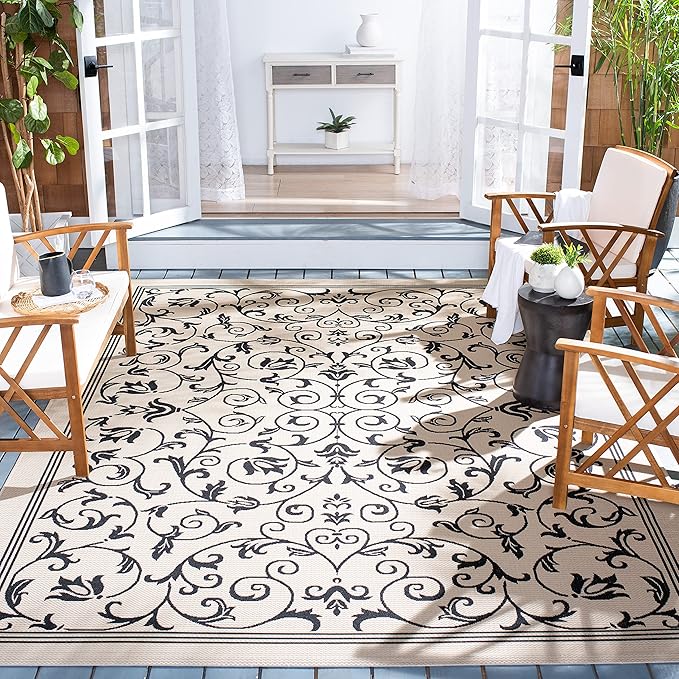 SAFAVIEH Washable Rug Outdoor Courtyard Collection - 7'10" Square, Sand & Black, Non-Shedding & Easy Cleaning, Ideal for Patio, Backyard, Mudroom (CY2098-3901)