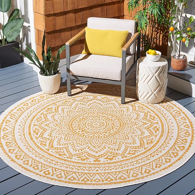 SAFAVIEH Courtyard Collection 6'7" Round Ivory/Gold CY8734 Indoor/Outdoor Non-Shedding Easy Cleaning Patio Backyard Porch Deck Mudroom Area Rug