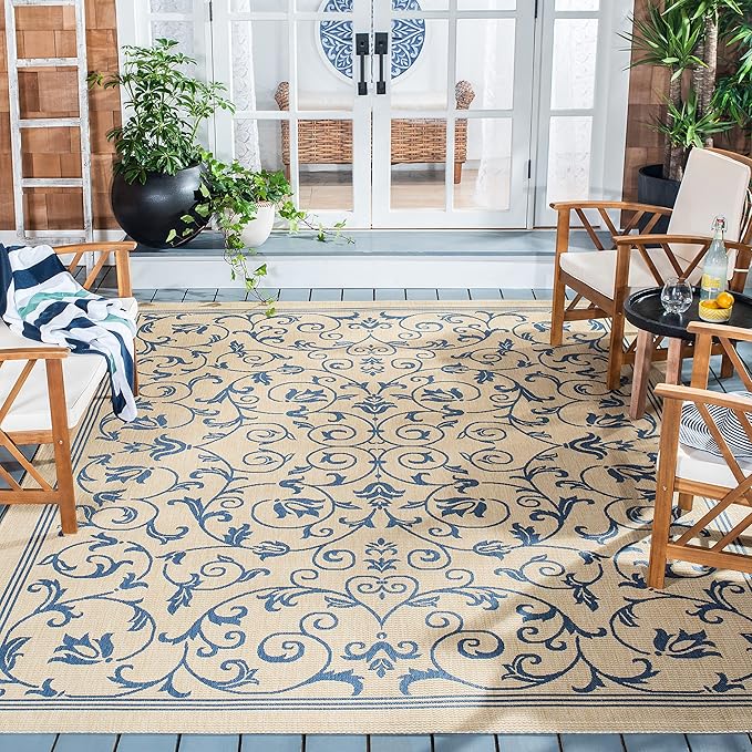 SAFAVIEH Washable Rug Outdoor Courtyard Collection - 6'7" x 9'6", Natural & Blue, Non-Shedding & Easy Cleaning, Ideal for Patio, Backyard, Mudroom (CY2098-3101)