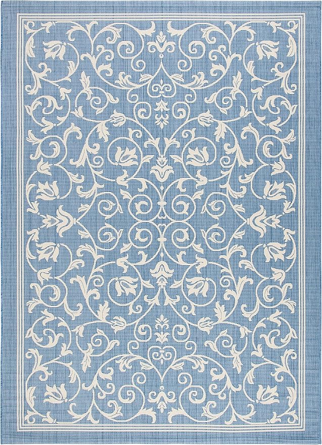 SAFAVIEH Washable Rug Outdoor Courtyard Collection - 6'7" x 9'6", Blue & Natural, Non-Shedding & Easy Cleaning, Ideal for Patio, Backyard, Mudroom (CY2098-3103)