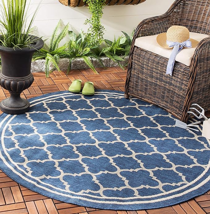 SAFAVIEH Courtyard Collection 4' Round Navy/Beige CY6918 Trellis Indoor/ Outdoor Splashproof Easy Scrubbing Patio Backyard Mudroom Area Rug