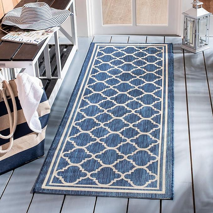 SAFAVIEH Washable Rug Outdoor Courtyard Collection - 2'3" x 22' Runner, Navy & Beige, Non-Shedding & Easy Cleaning, Ideal for Patio, Entryway, Mudroom, Hallway, Kitchen (CY6918-268)