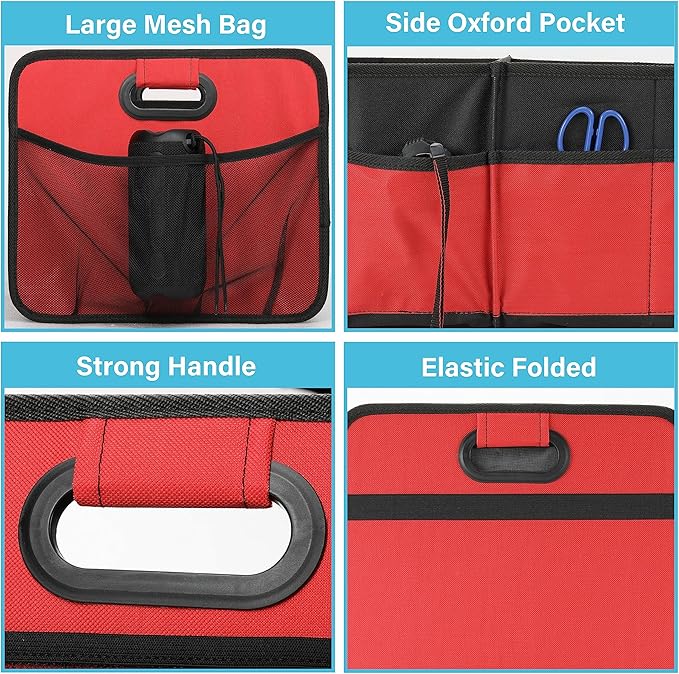 Simple Deluxe Car Trunk Organizer, 2 Compartments Collapsible Trunk Storage, Anti-slip Design, Made of Waterproof 600D Oxford Polyester, Suitable for SUV, Minivan, Truck, Standard Size, Red New