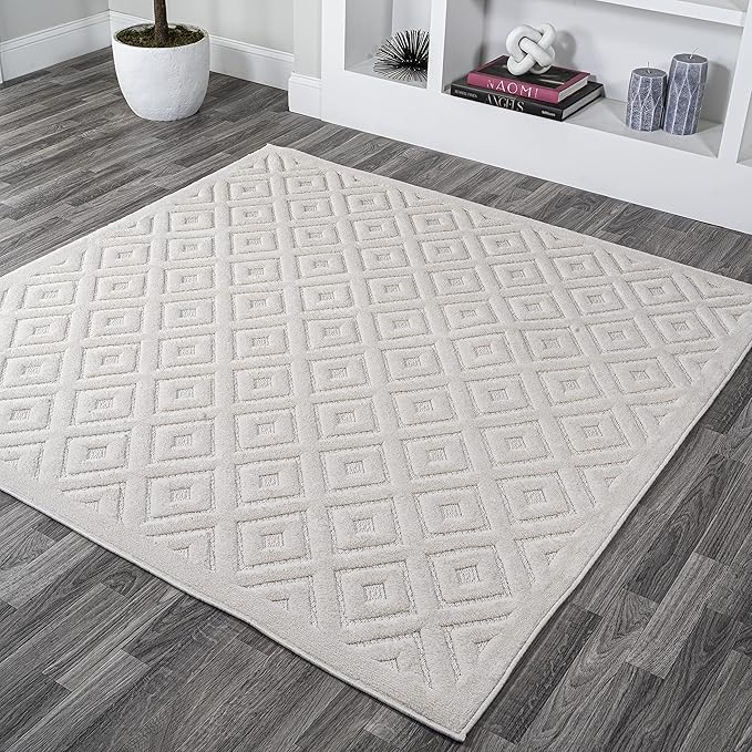 JONATHAN Y Diamond Trellis Indoor Outdoor Square Area Rug 5X5 Ivory, Portmany Neutral for Backyard, Patio, Porch, Easy-Cleaning, High Traffic, Pet-Friendly, Non-Shedding (IBZ104D-5SQ)