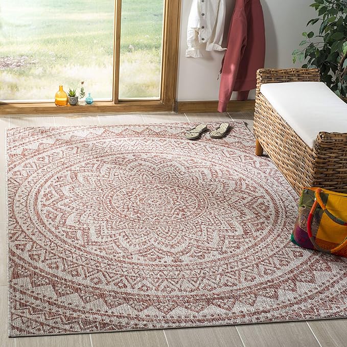 SAFAVIEH Washable Rug Outdoor Courtyard Collection - 2'7" x 5', Light Beige & Terracotta, Non-Shedding & Easy Cleaning, Ideal for Patio, Backyard, Mudroom (CY8734-36512)