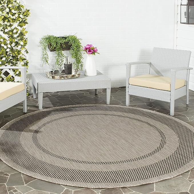 SAFAVIEH Washable Rug Outdoor Courtyard Collection - 5'3" Round, Beige & Black, Non-Shedding & Easy Cleaning, Ideal for Patio, Backyard, Mudroom (CY8477-36612)