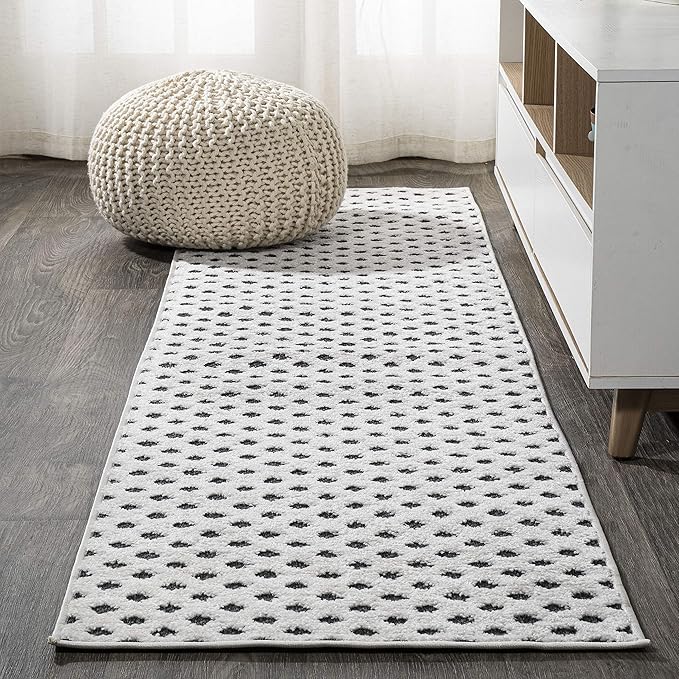 JONATHAN Y Mini-Diamond Trellis Indoor Outdoor Runner Rug 2X8 White/Black, Rabat High-Low Pile for Backyard, Patio, Porch, Easy-Cleaning, High Traffic, Pet-Friendly, Non-Shedding (SBH101B-28)