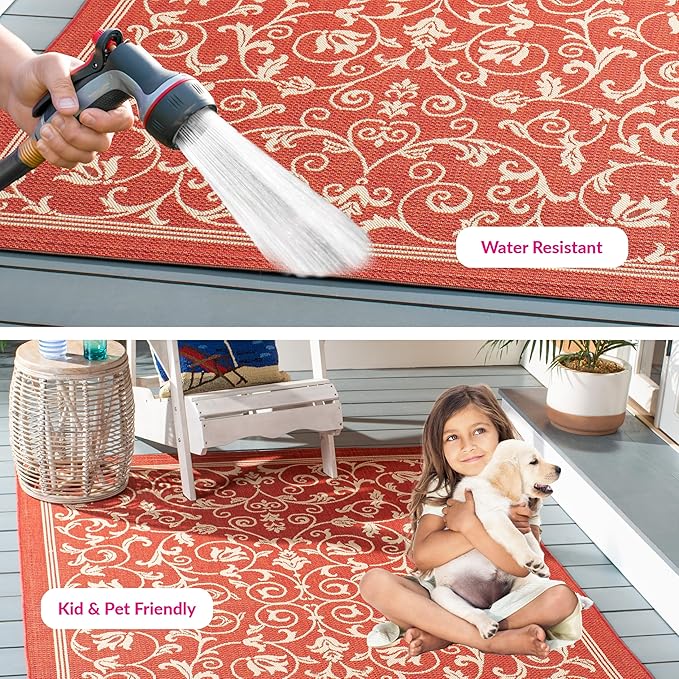 SAFAVIEH Washable Rug Outdoor Courtyard Collection - 5'3" x 7'7", Red & Natural, Non-Shedding & Easy Cleaning, Ideal for Patio, Backyard, Mudroom (CY2098-3707)