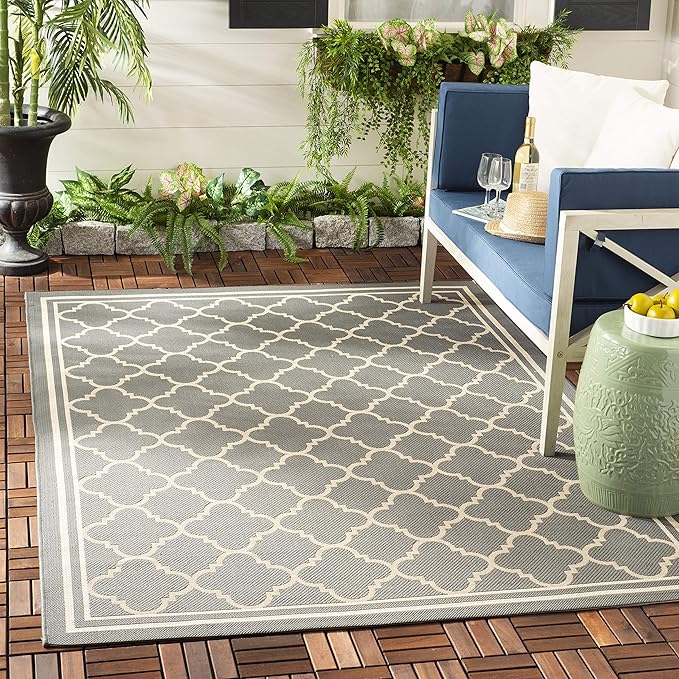 SAFAVIEH Washable Rug Outdoor Courtyard Collection - 5'3" Square, Anthracite & Beige, Non-Shedding & Easy Cleaning, Ideal for Patio, Backyard, Mudroom (CY6918-246)