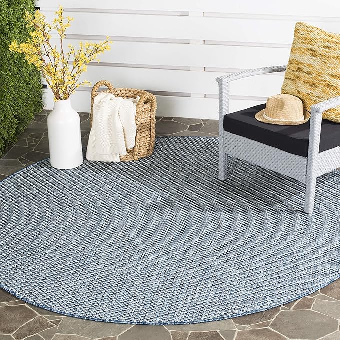 SAFAVIEH Washable Rug Outdoor Courtyard Collection - 4' Round, Navy & Grey, Non-Shedding & Easy Cleaning, Ideal for Patio, Backyard, Mudroom (CY8521-36821)