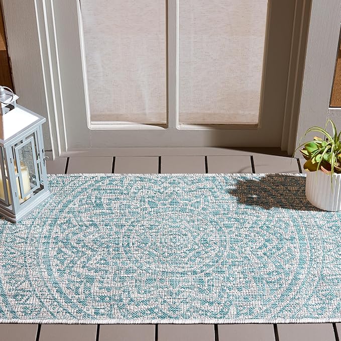 SAFAVIEH Washable Rug Outdoor Courtyard Collection - 2'3" x 5', Light Grey & Aqua Blue, Non-Shedding & Easy Cleaning, Ideal for Patio, Front Door, Entryway, Mudroom, Doormat (CY8734-37112)