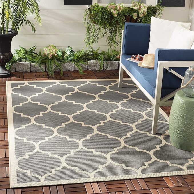 SAFAVIEH Washable Rug Outdoor Courtyard Collection - 2'7" x 5', Anthracite & Beige, Non-Shedding & Easy Cleaning, Ideal for Patio, Backyard, Mudroom (CY6914-246)
