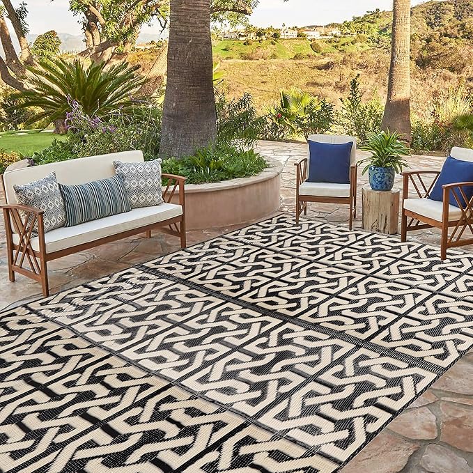 SAND MINE Reversible Mats, Plastic Straw Rug, Modern Area Rug, Large Floor Mat and Rug for Outdoors, RV, Patio, Backyard, Deck, Picnic, Beach, Camping, Trailer, Black & Beige, 5' x 8'
