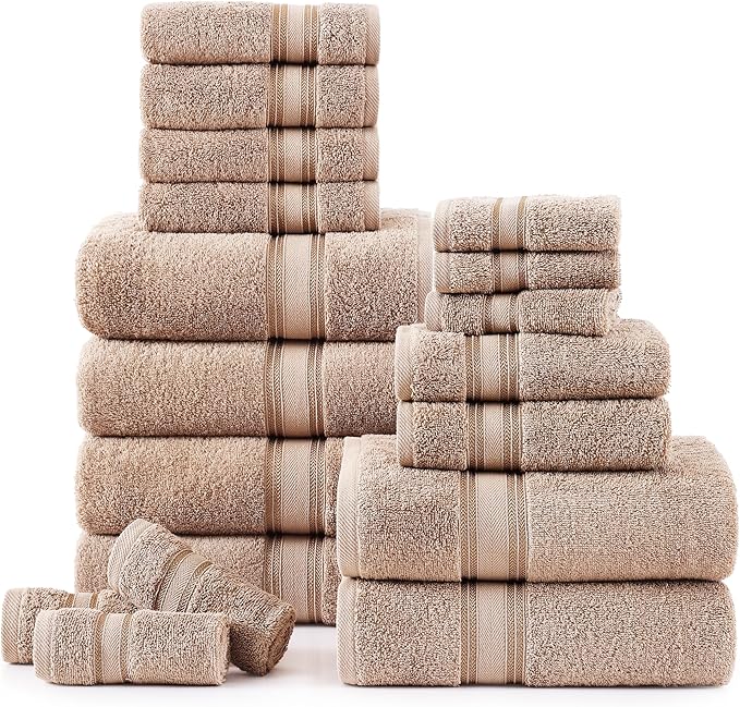 LANE LINEN Towel Set for Bathroom – 18-Pack 100% Ring-Spun Cotton, Zero Twist, Includes 6 Bath, 6 Hand & 6 Washcloth, Suitable for All Body Types, Soft & Quick Dry, Ideal for Airbnb & Spa - Tapue