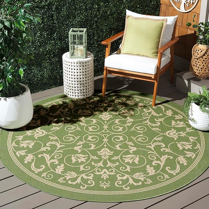 SAFAVIEH Washable Rug Outdoor Courtyard Collection - 6'7" Round, Olive & Natural, Non-Shedding & Easy Cleaning, Ideal for Patio, Backyard, Mudroom (CY2098-1E06)