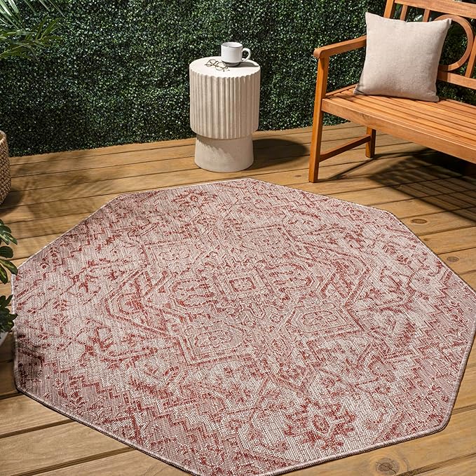 JONATHAN Y Boho Medallion Indoor Outdoor Octagon Area Rug 8 Ft Red/Taupe, Estrella Textured Weave for Backyard, Patio, Porch, Easy-Cleaning, High Traffic, Pet-Friendly, Non-Shedding (SMB105A-8TGN)