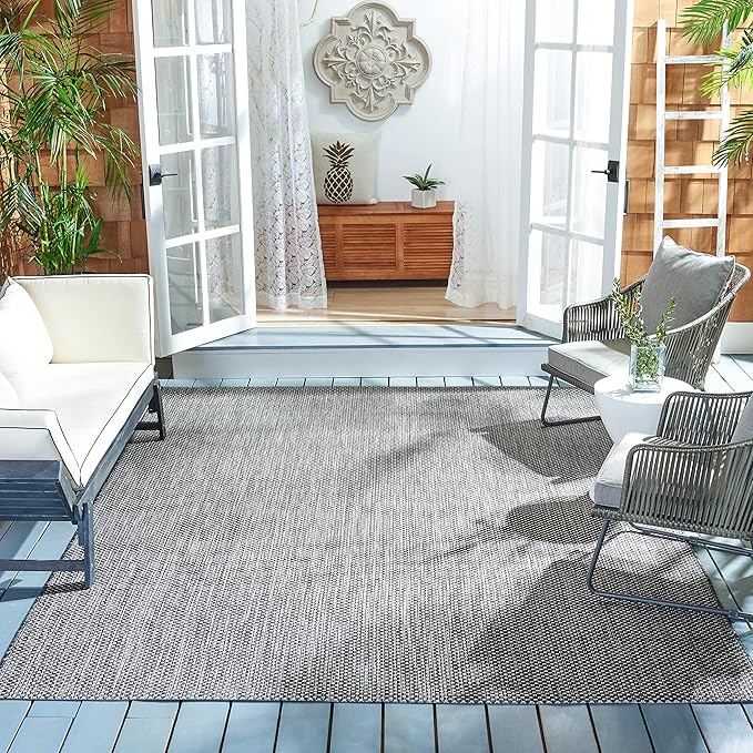 SAFAVIEH Washable Rug Outdoor Courtyard Collection - 6'7" Square, Black & Beige, Non-Shedding & Easy Cleaning, Ideal for Patio, Backyard, Mudroom (CY8521-36621)