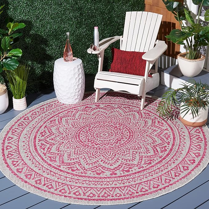 SAFAVIEH Washable Rug Outdoor Courtyard Collection - 6'7" Round, Light Grey & Fuchsia Pink Purple, Non-Shedding & Easy Cleaning, Ideal for Patio, Backyard, Mudroom (CY8734-39712)