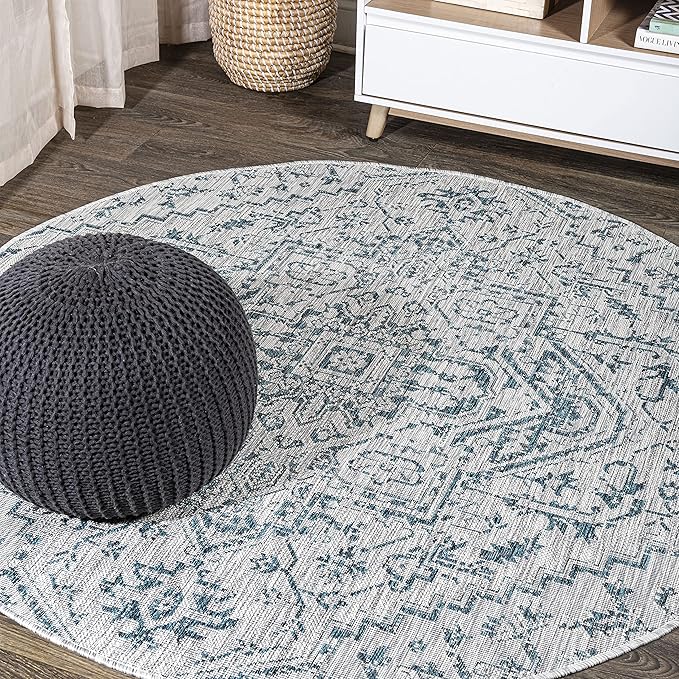 JONATHAN Y Boho Medallion Indoor Outdoor Round Area Rug 6 Ft Teal/Gray, Estrella Textured Weave for Backyard, Patio, Porch, Easy-Cleaning, High Traffic, Pet-Friendly, Non-Shedding (SMB105C-6R)